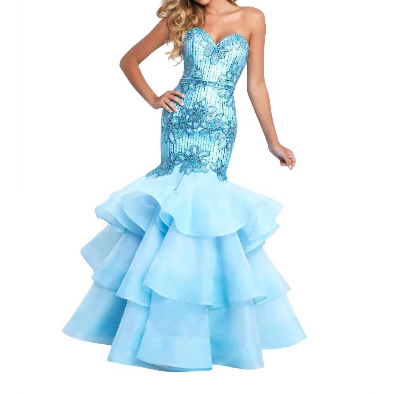 New Blush Prom Ruffled Strapless Mermaid Gown In Powder Blue/Tea